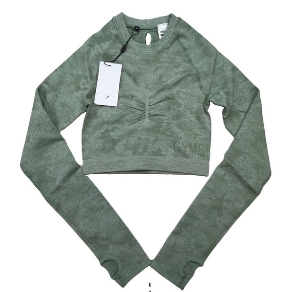 Gymshark Tops - NWT Gymshark Camo Seamless Crop Top Sage Green Size Small Yoga Performance